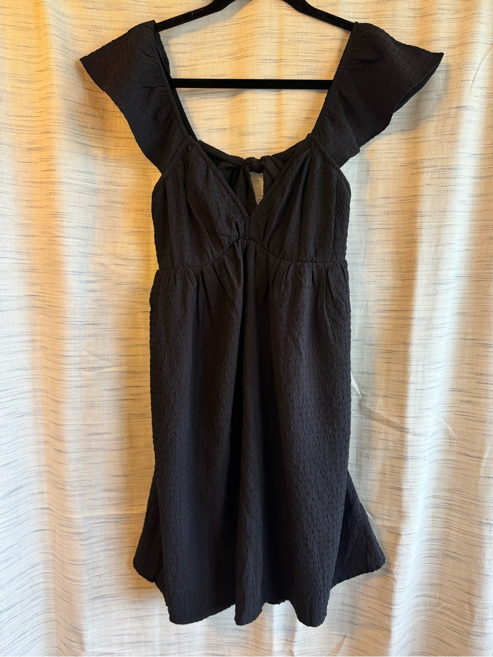 American Eagle Outfitters Black Mini Dress with Tie Front and Flutter Sleeves